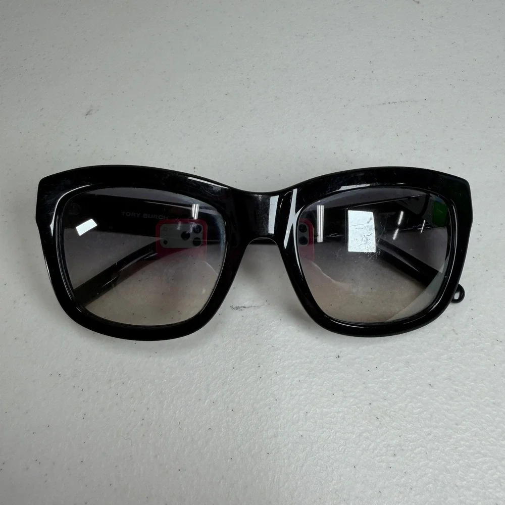 Tory Burch Sunglasses Square Black TY 7075 Silver Logo Grey Gradient Lens